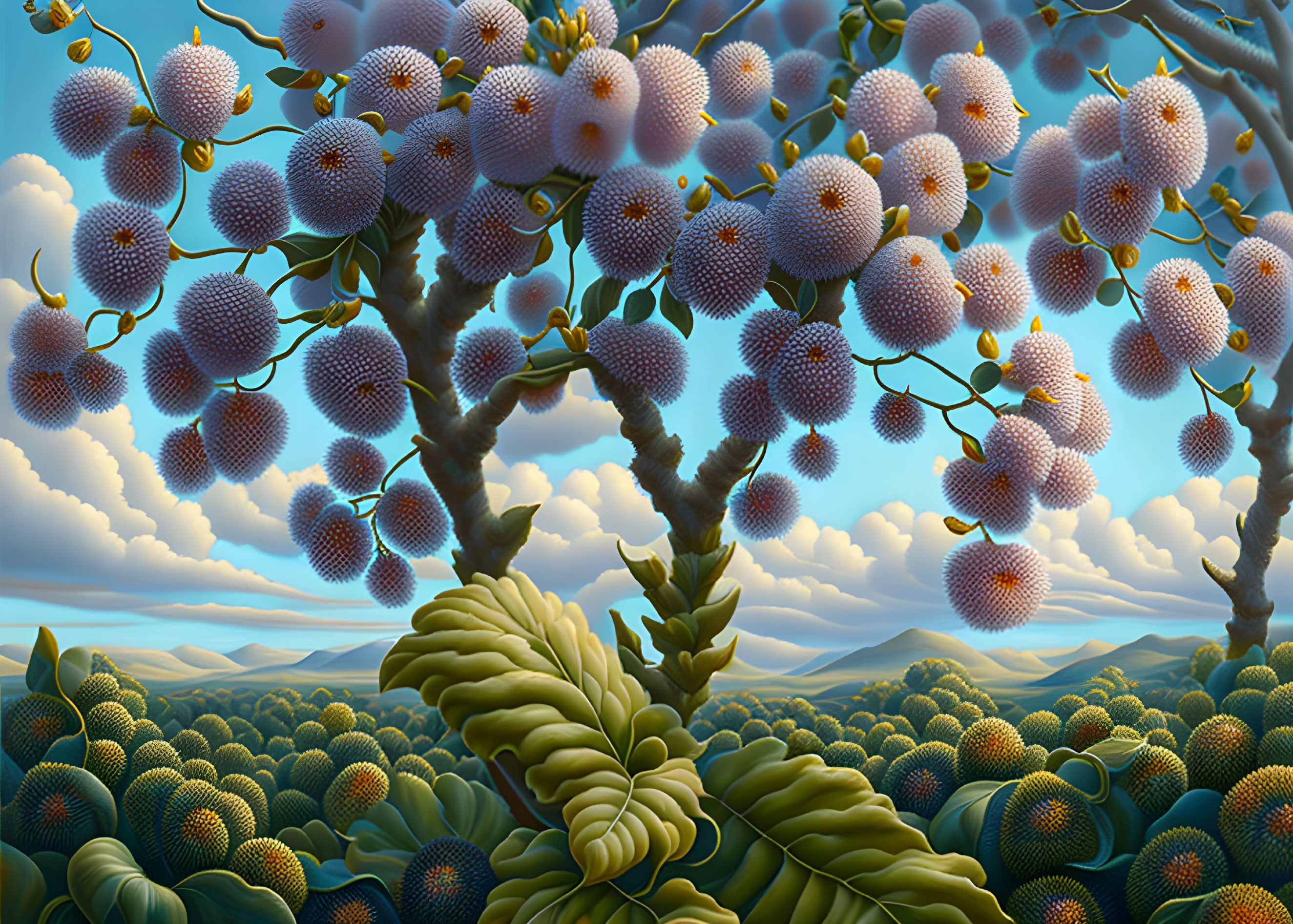 Surreal landscape with fluffy tree-like formations and leafy green terrain