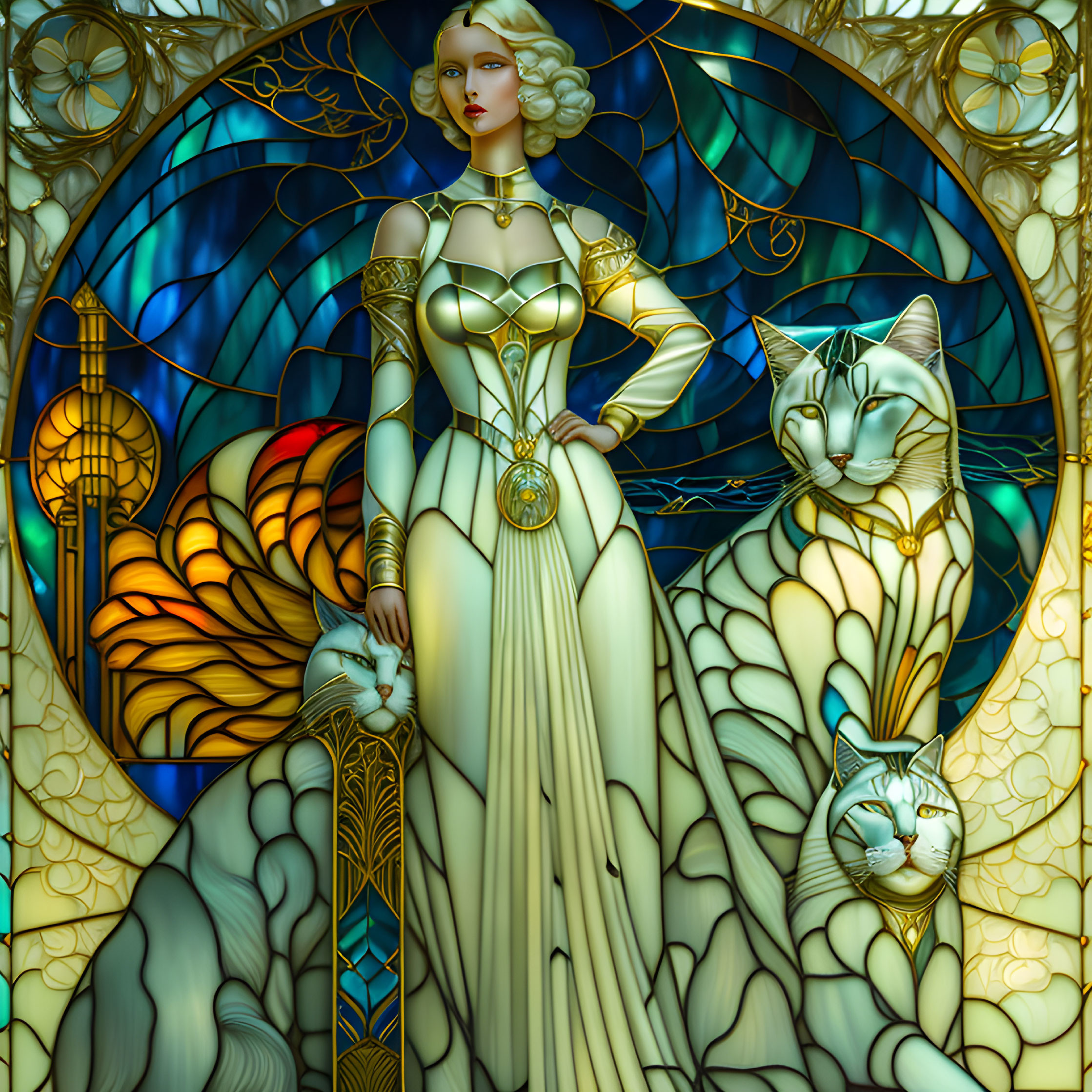 Blond woman in golden gown with cats on vibrant stained-glass backdrop