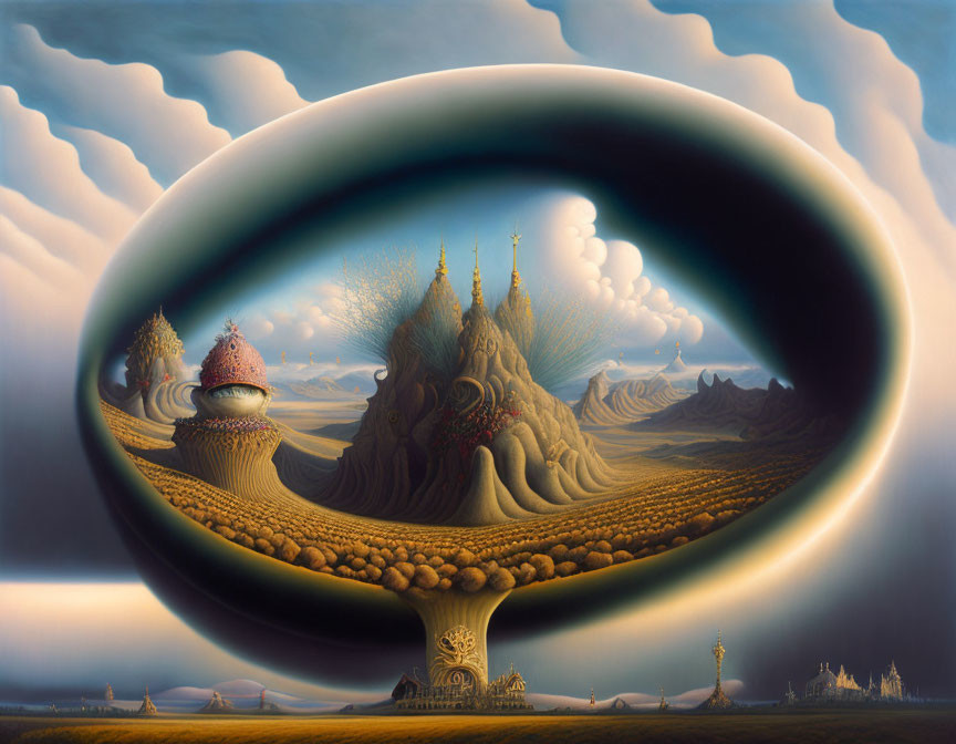 Fantastical landscape painting with reflective bubble and surreal architecture