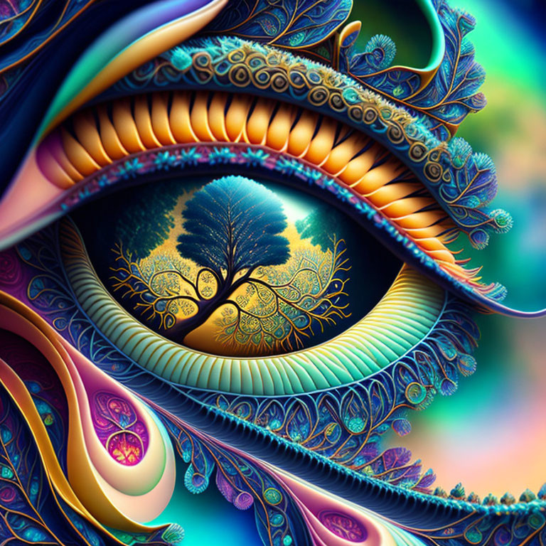 Colorful digital artwork: Stylized eye with golden tree on blue background