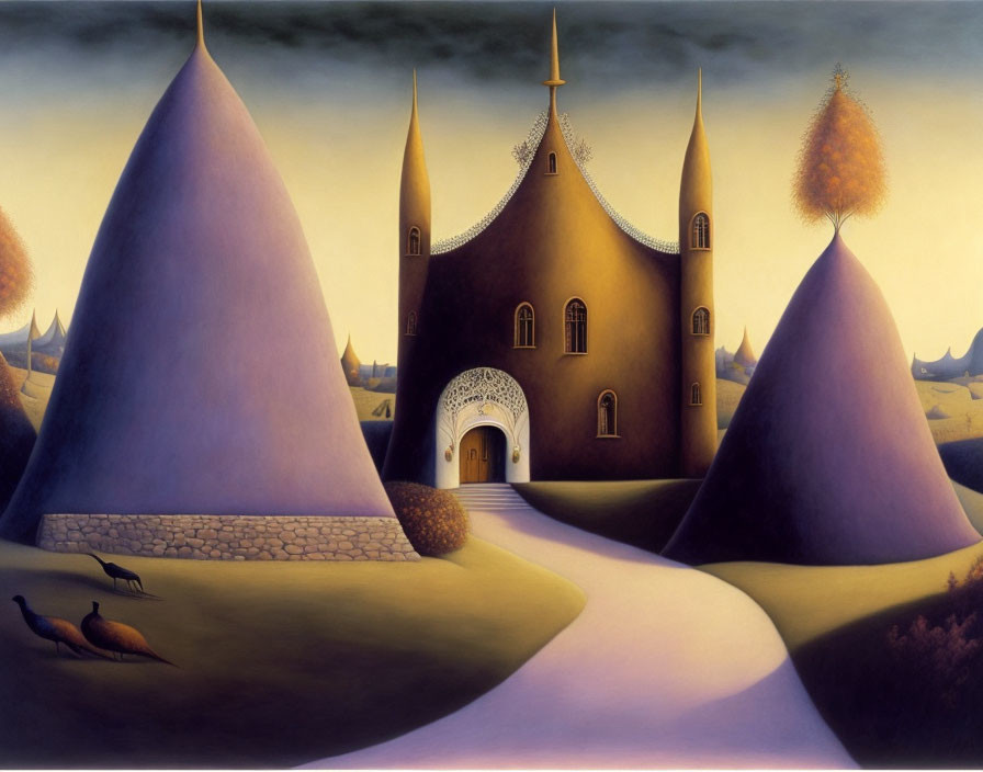 Whimsical castle in surreal landscape with peacock and dusky sky