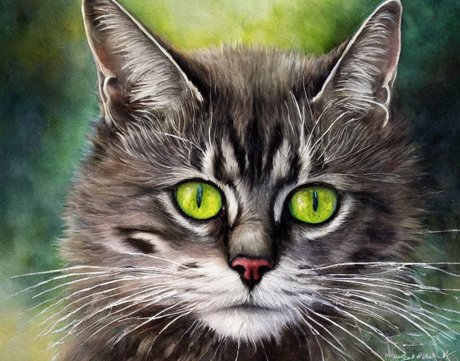 Fluffy tabby cat with green eyes and whiskers on green and yellow background