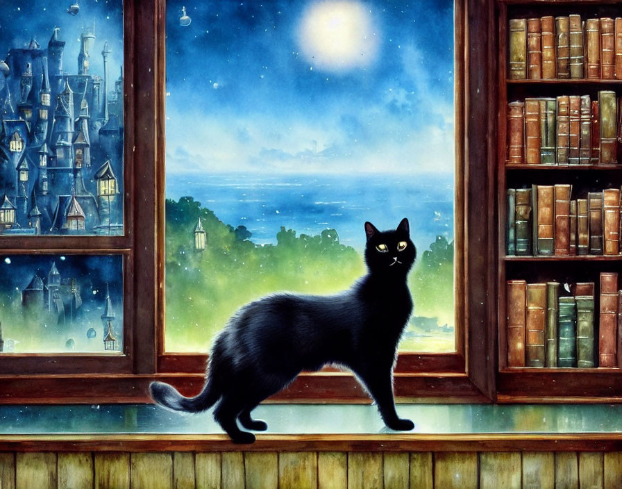 Black cat on moonlit windowsill in whimsical village scene with bookshelves