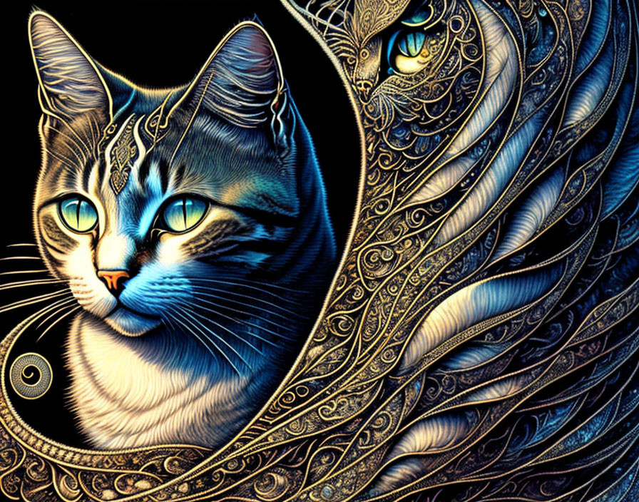 Intricate patterned cat with ornate tail on dark background