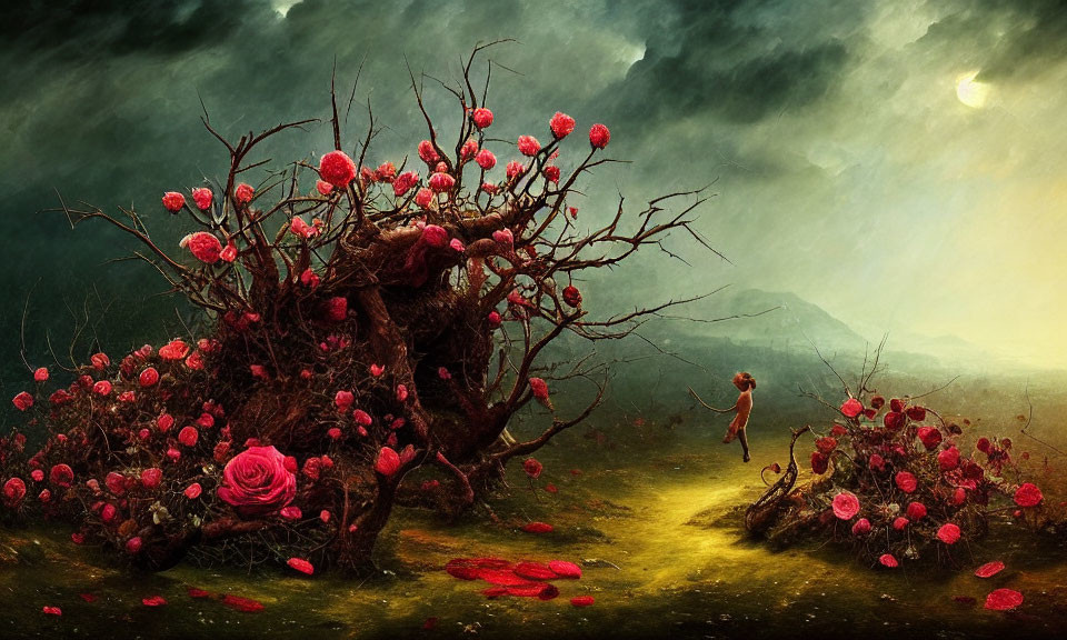 Vibrant red flower tree in fantastical dusk landscape