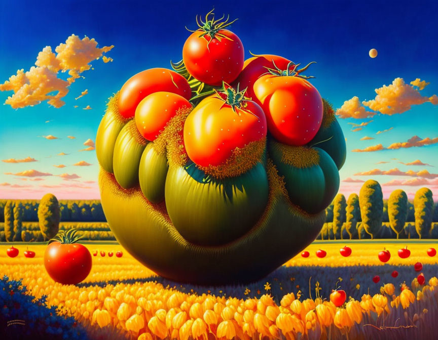 Imaginative painting of ripe tomatoes on oversized leaf above landscape