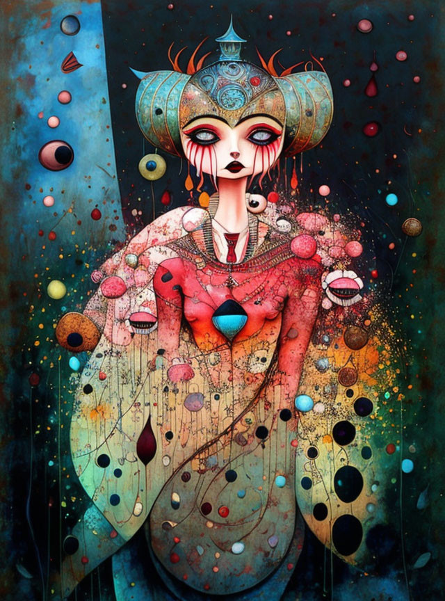 Vibrant surreal illustration of female figure with cosmic headdress