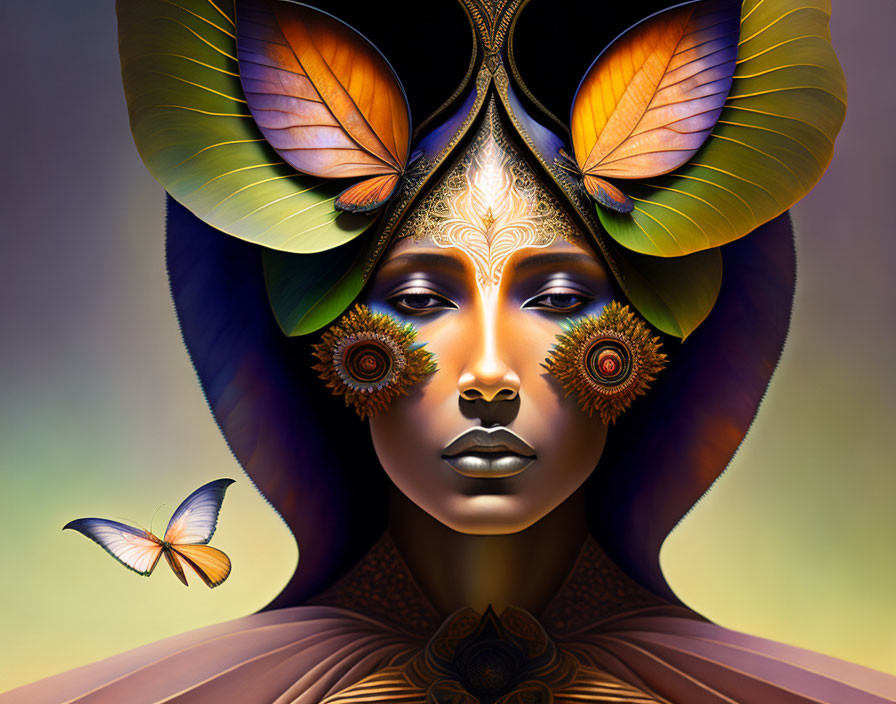 Person adorned with butterfly wing elements in vibrant, golden tones