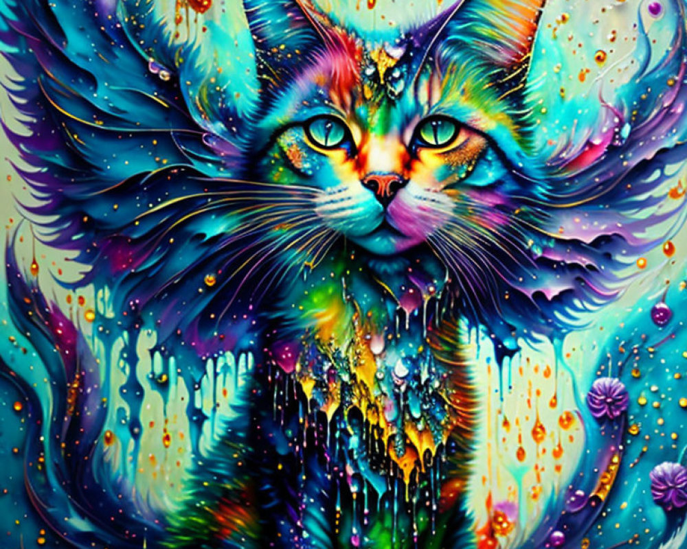 Colorful Psychedelic Cat Painting with Swirling Background