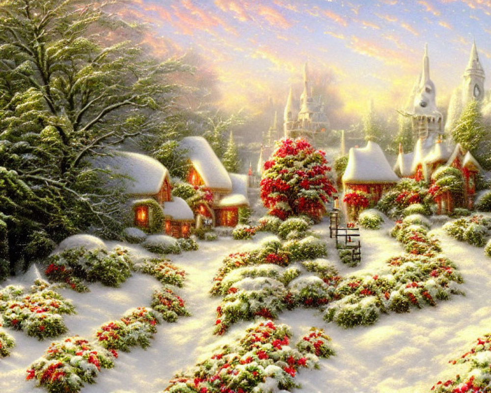 Snow-covered winter village with cottages, trees, and church at sunset