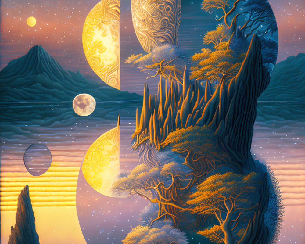 Mystical landscape with moons, trees, mountains under starry sky