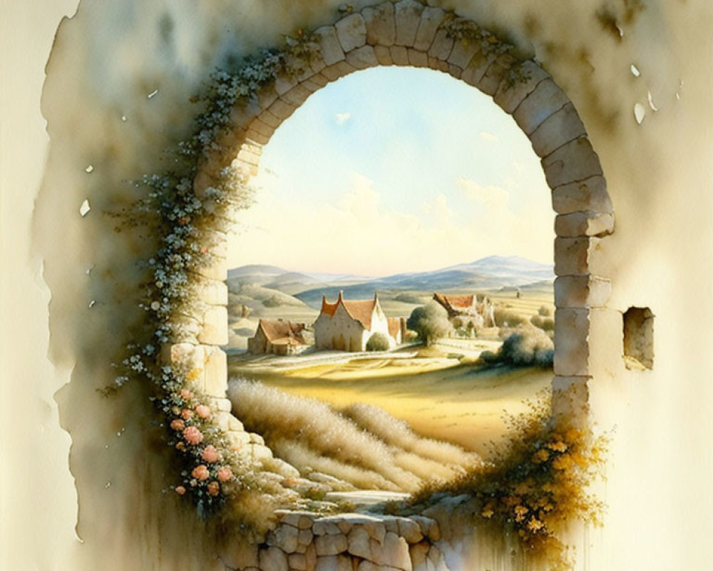 Rustic village scene through ancient stone archway