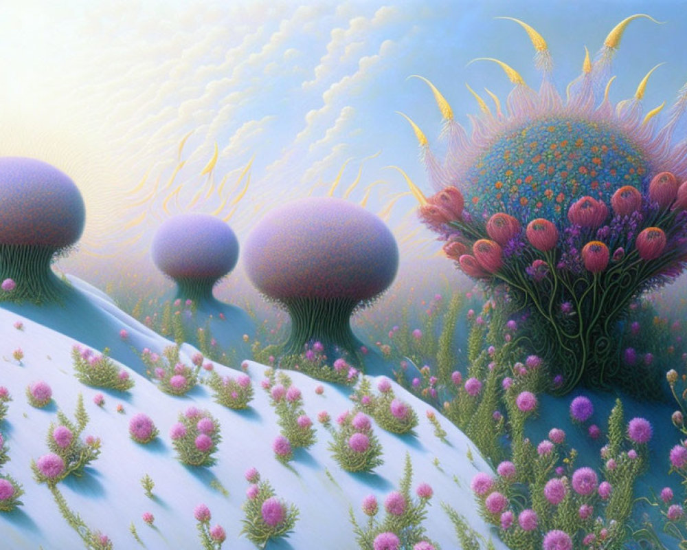 Fantastical surreal landscape with mushroom-like structures and vibrant flowers