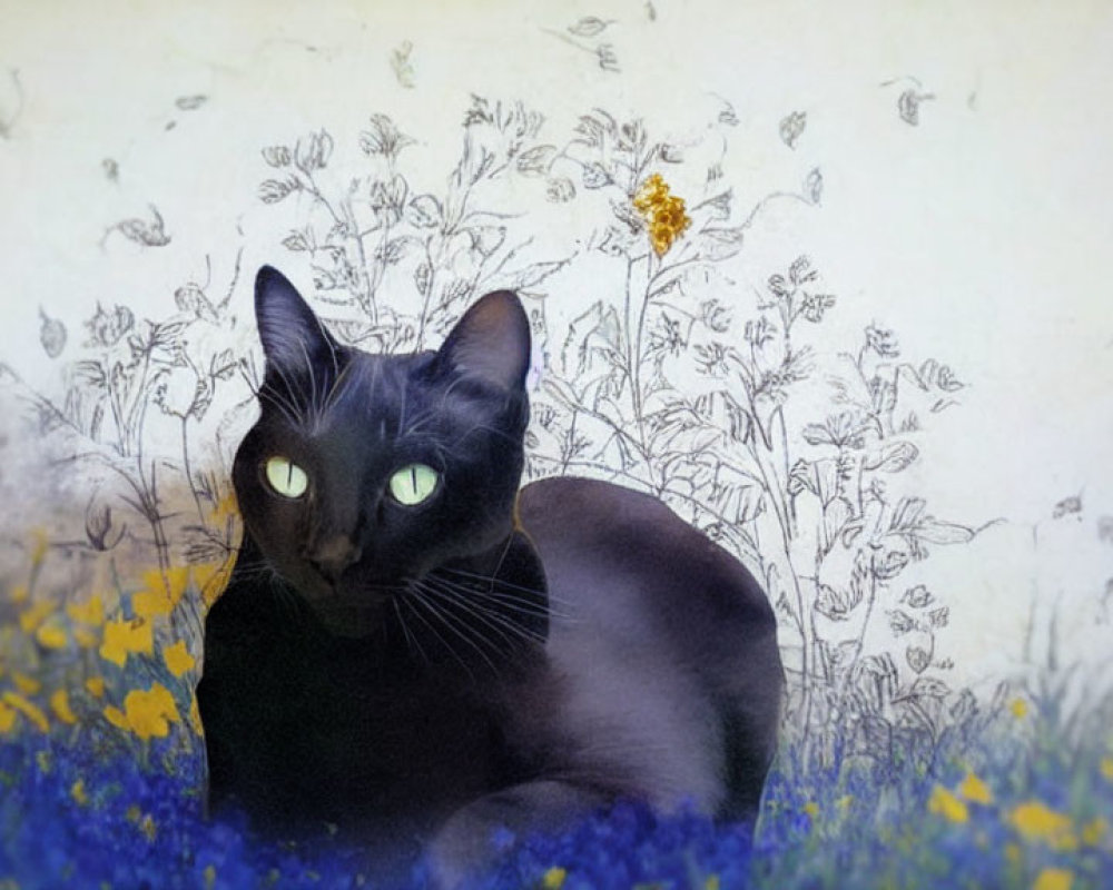 Black Cat with Green Eyes Surrounded by Blooming Flowers and Sketched Flora