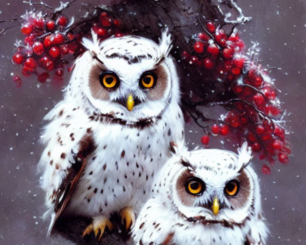 Snowy owls perched on branch with red berries and snowflakes on gray backdrop