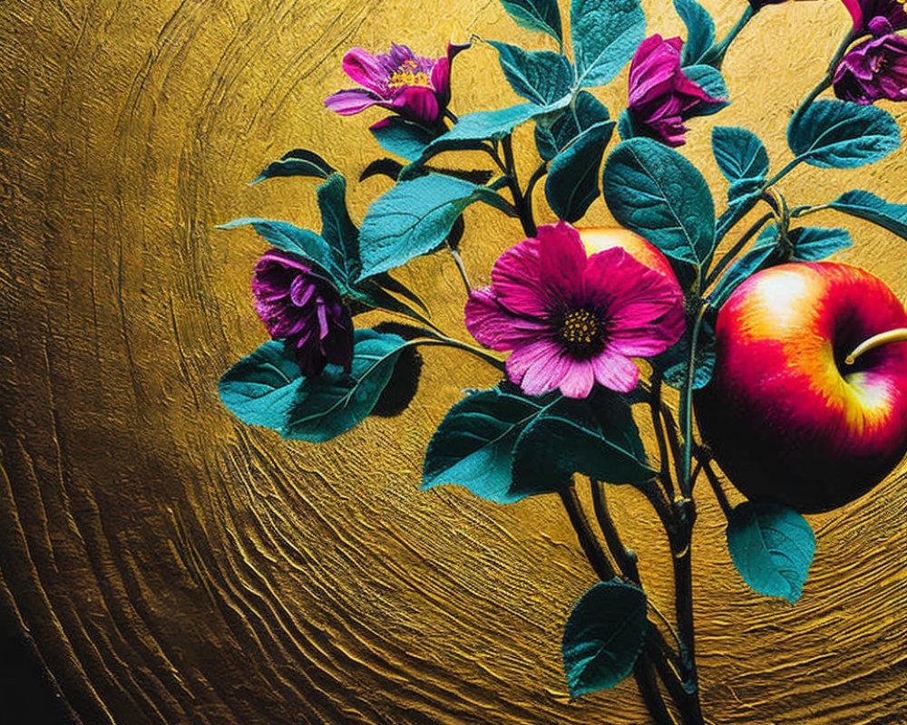 Detailed depiction of flowering branch with purple blooms, red apple, and textured golden background