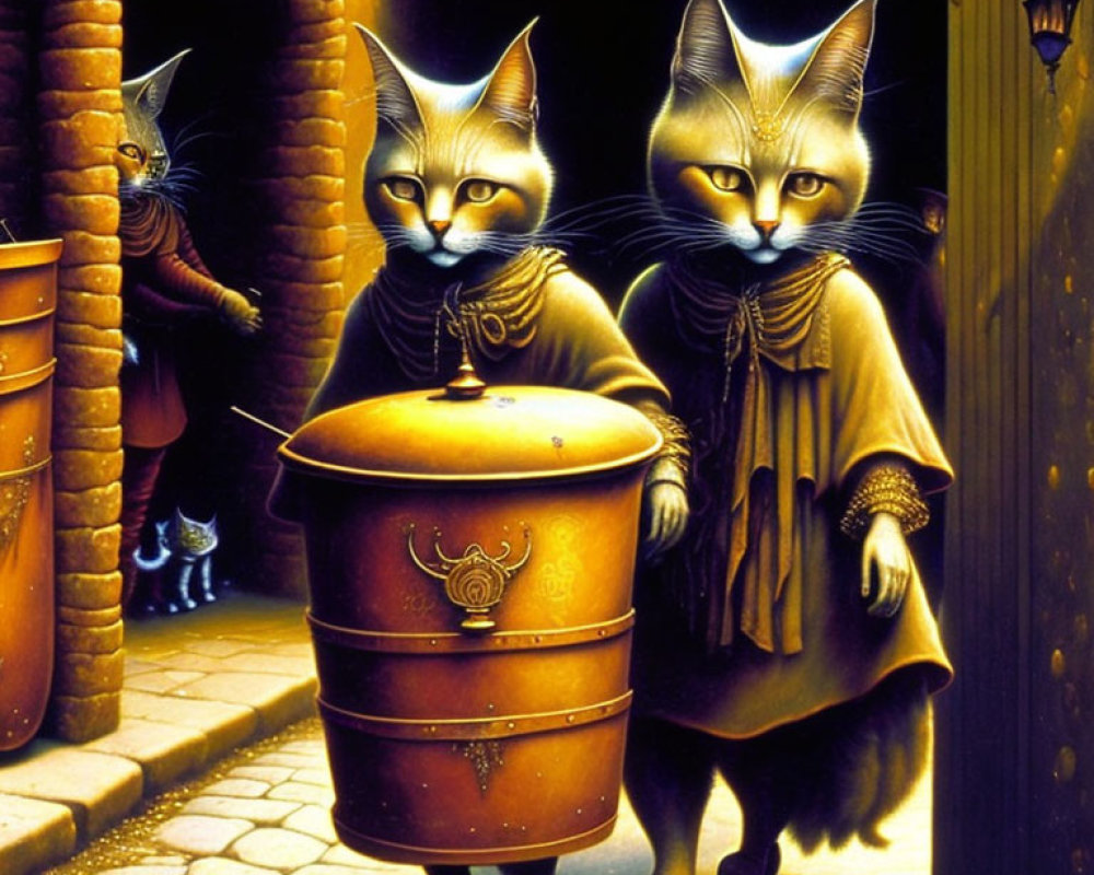 Anthropomorphic Cats in Cloaks by Large Pot in Brick-Lined Street