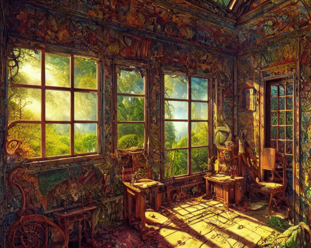 Sunlit ornate room with wall paintings, wooden furniture, and green view.