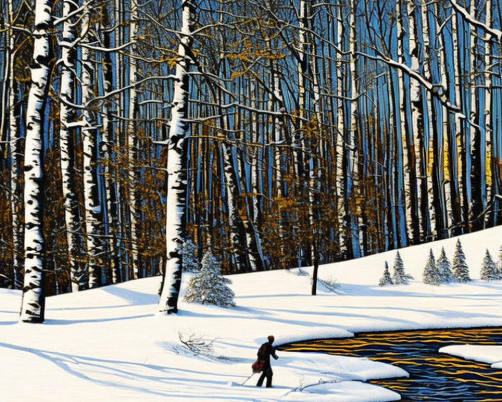 Winter scene: Cross-country skier in snowy landscape with river and bare trees