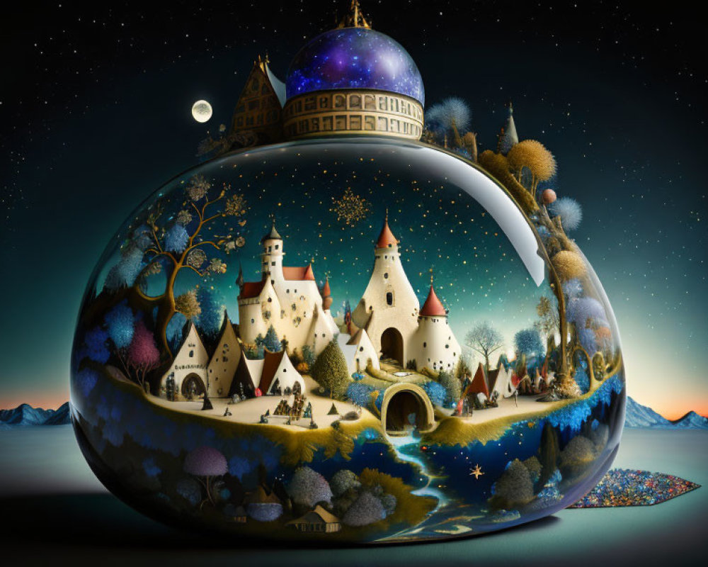 Miniature whimsical village terrarium with castles under starry sky.