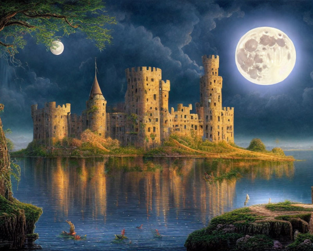 Moonlit lake castle scene with fishing person and swans