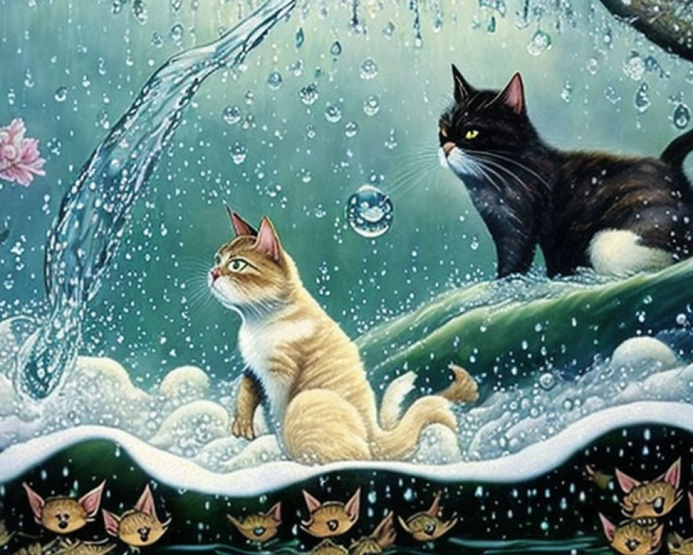 Fantastical water scene with two cats on a leaf boat, cat-faced waves, and raining flower