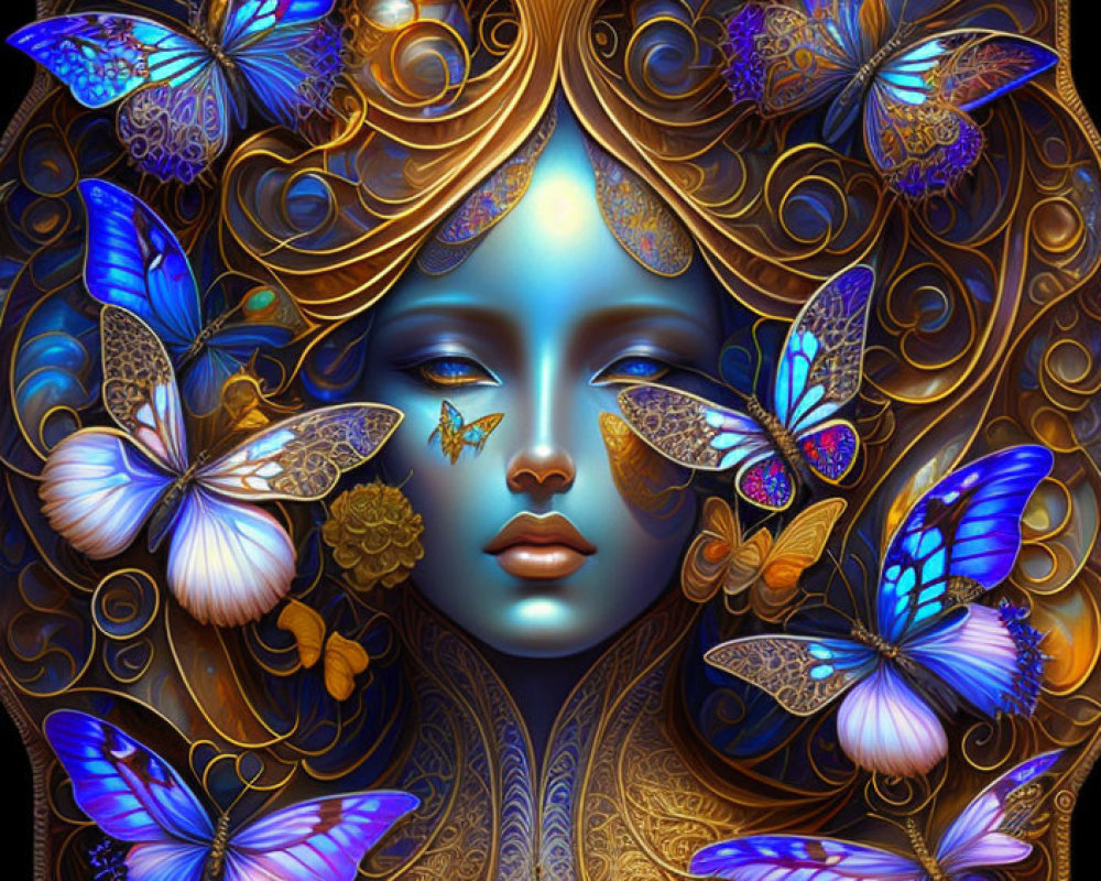 Digital artwork of woman's face with golden patterns and blue butterflies on dark background