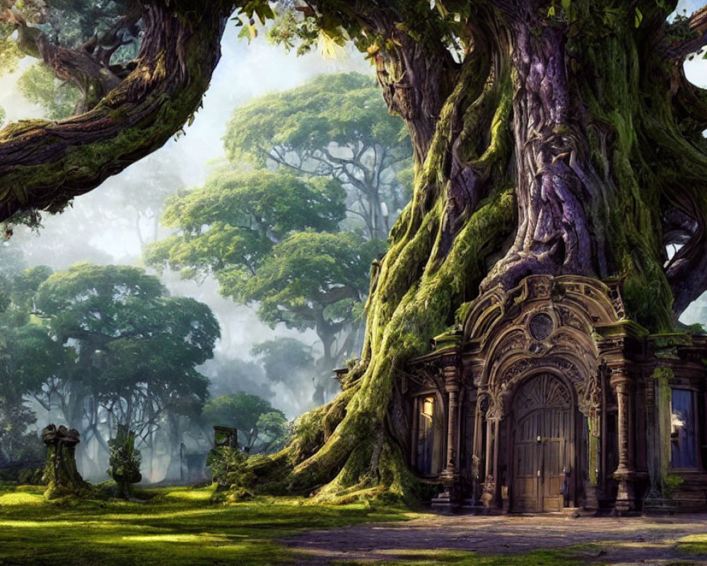 Enchanted forest with massive moss-covered trees and wooden door