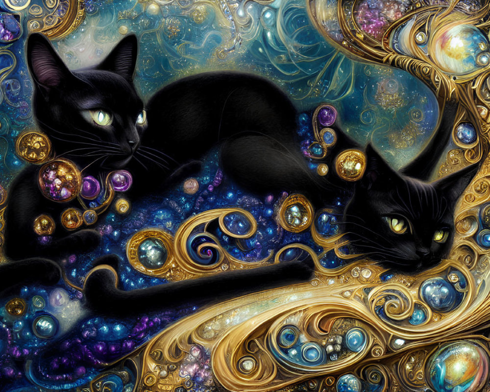 Two Black Cats with Glowing Eyes in Cosmic Swirls