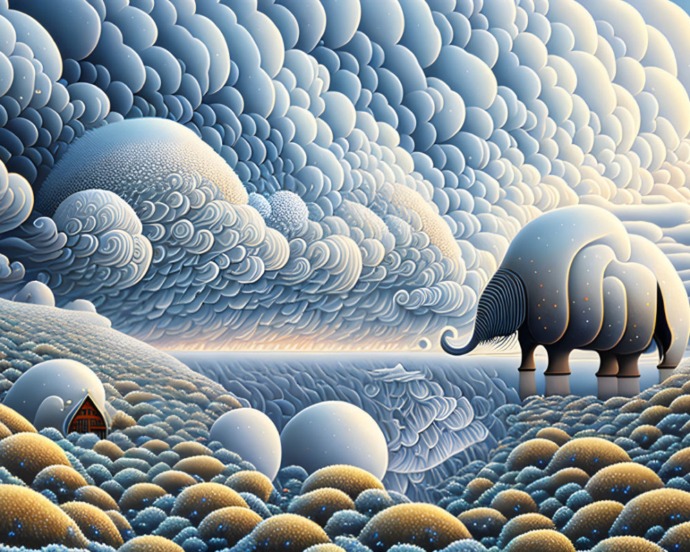 Surreal landscape with elephant, stylized clouds, spherical formations, and small house in blue and