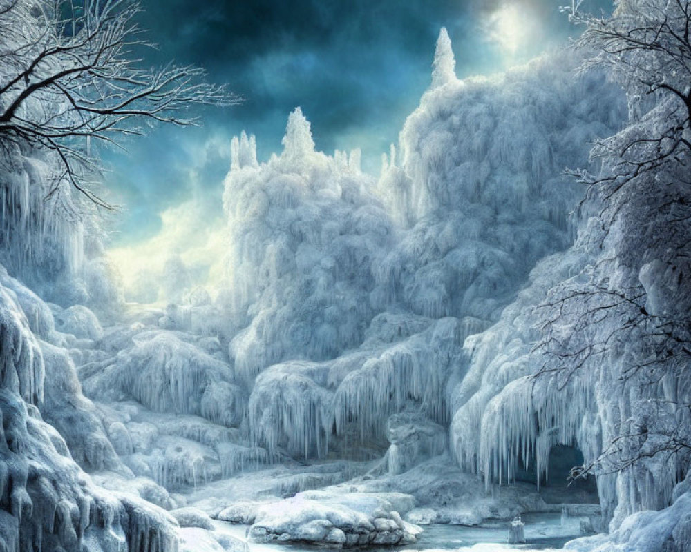 Frost-covered trees, icicles, frozen river in wintry landscape