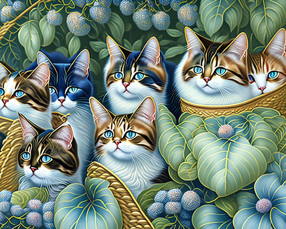 Five blue-eyed cats in lush foliage with blue berries: Surreal illustration