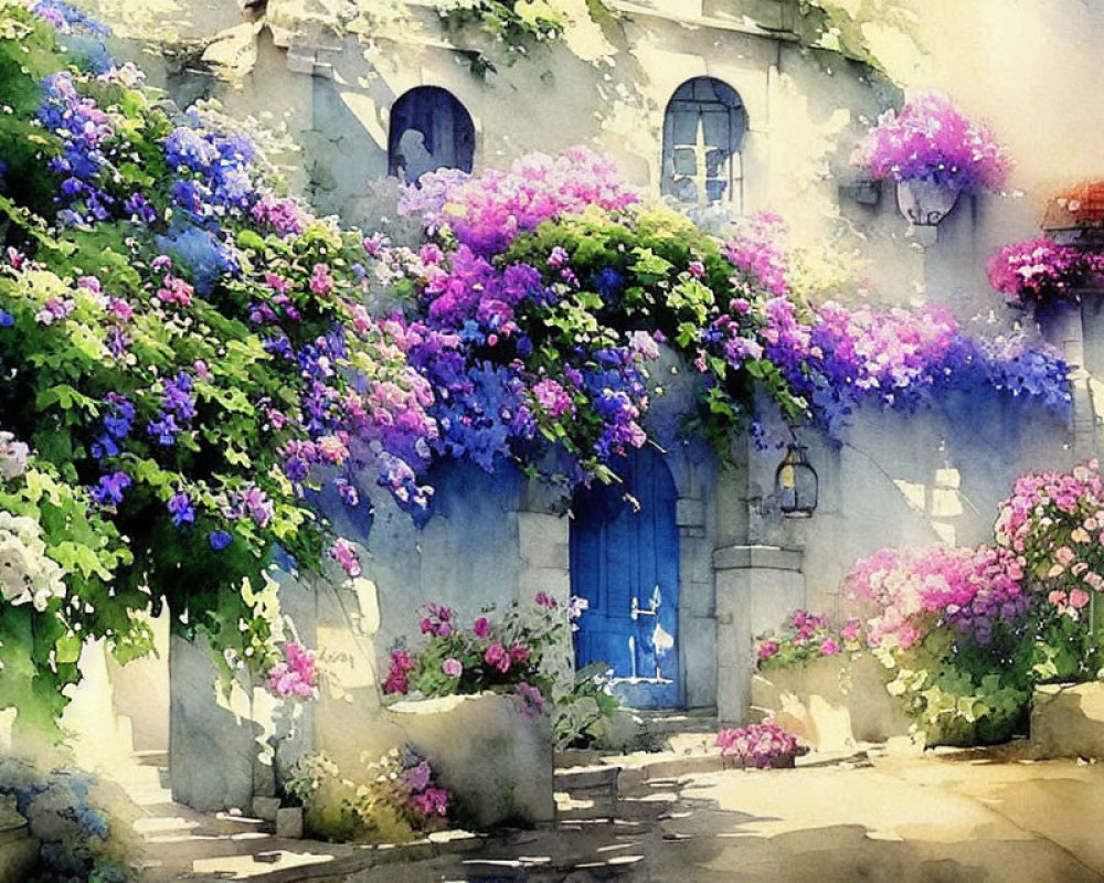 Quaint Stone House with Blooming Flowers and Blue Door