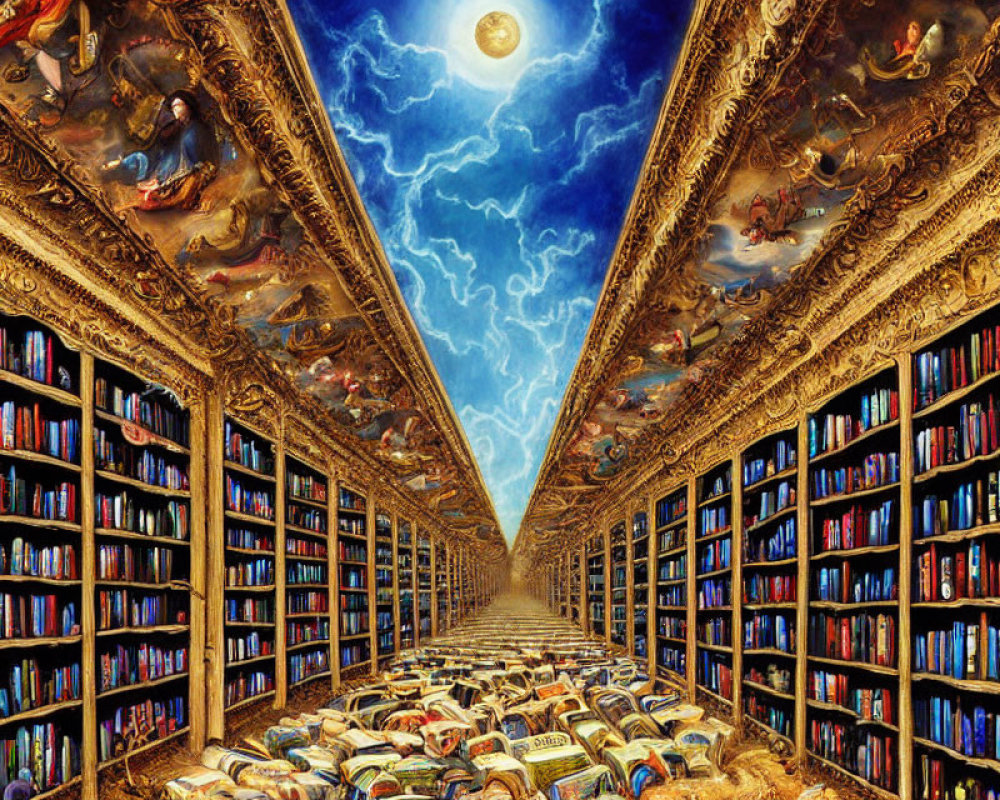 Opulent library with book-lined walls under surreal sky-like ceiling