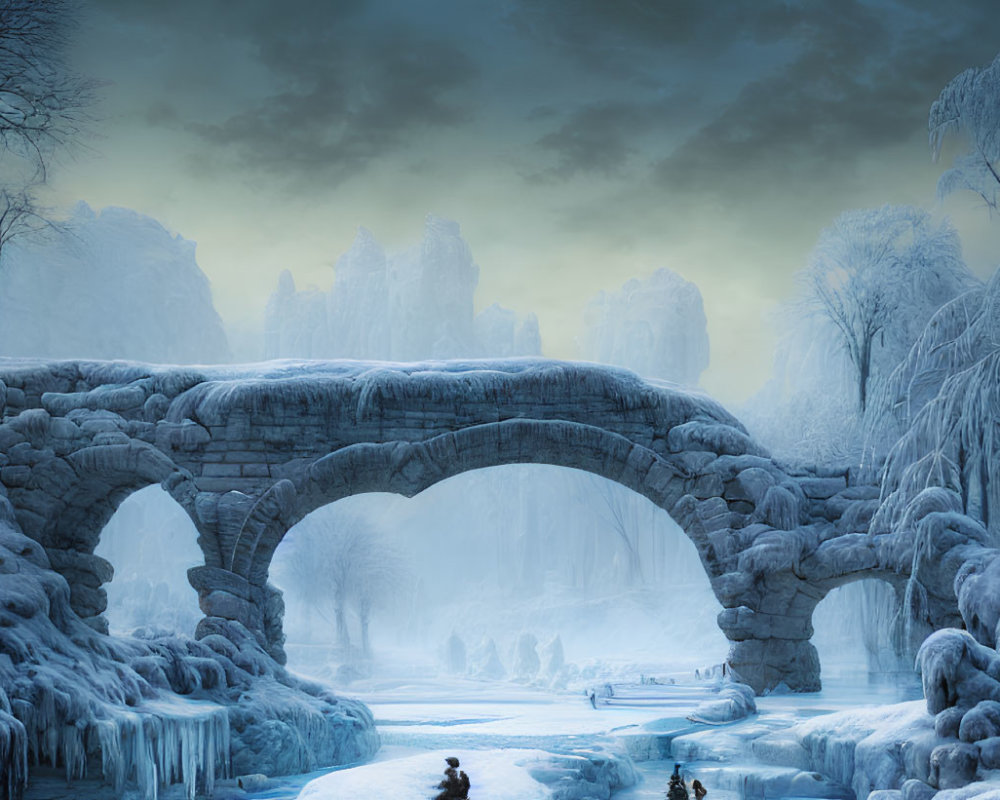 Snow-covered stone bridge over frozen river in tranquil winter scene