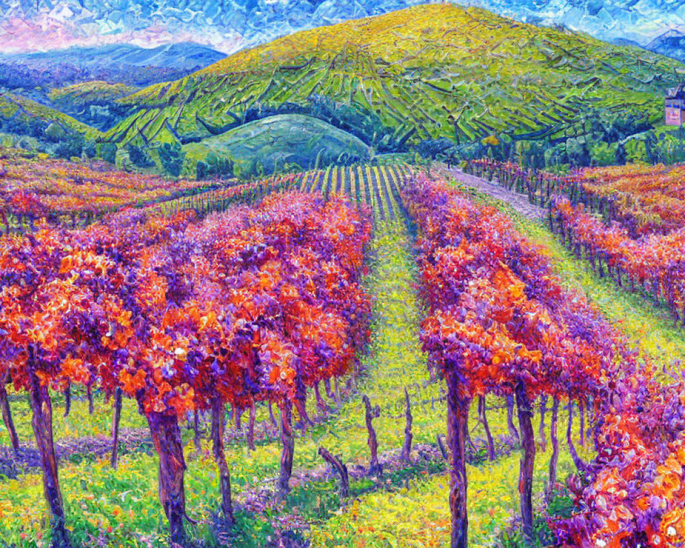 Colorful Vineyard Painting in Autumn with Grapevines, House, and Hills