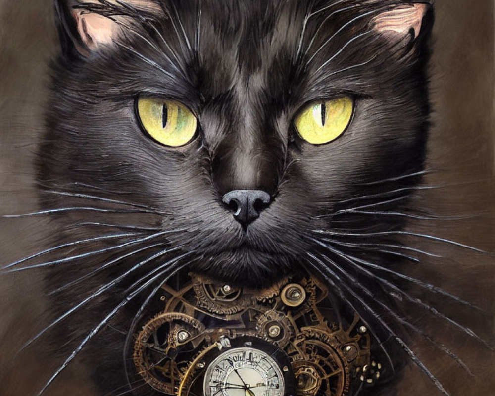 Detailed Black Cat Illustration with Yellow Eyes and Clockwork Gears