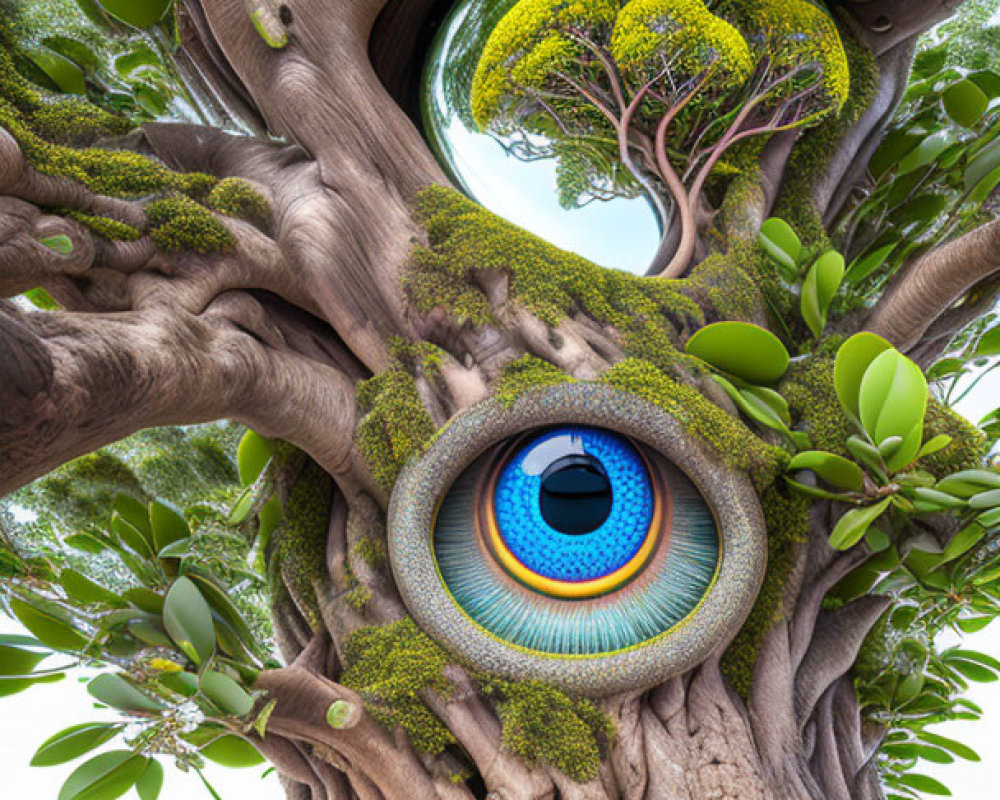 Surreal image of giant tree with eye-shaped apertures and landscapes within