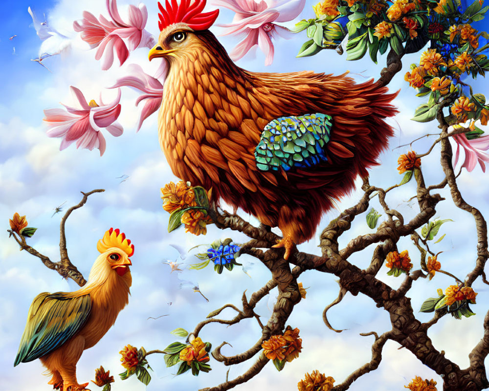 Colorful artwork of two chickens on a blooming tree branch under a blue sky