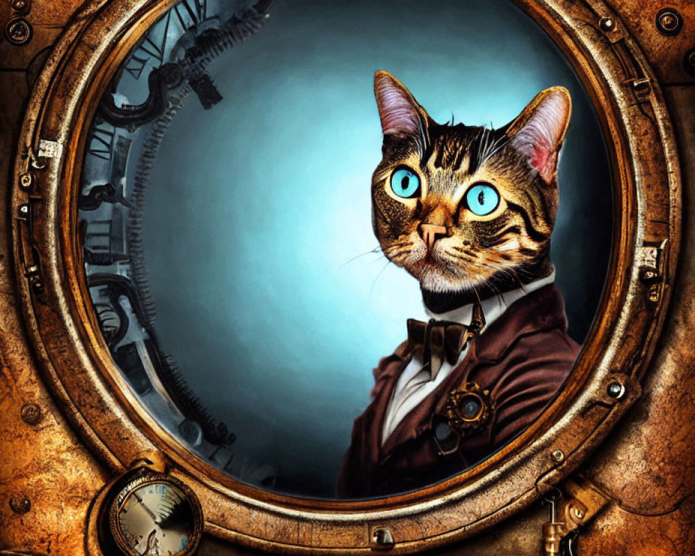 Steampunk-themed cat with human-like eyes in suit and bow tie peering through brass porth