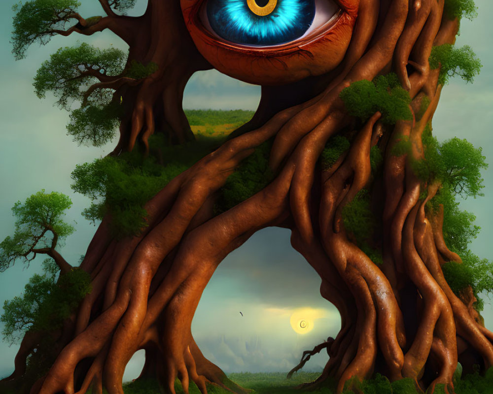 Surreal illustration of giant tree with vivid blue eye in forest landscape