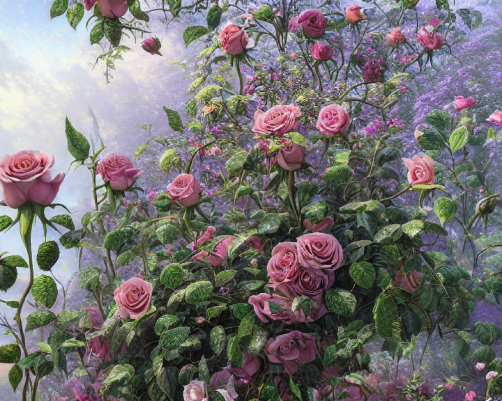 Pink Roses and Purple Flora in Lush Garden Scene