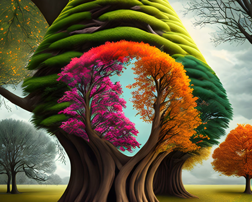 Colorful surreal tree artwork with conical canopy in meadow