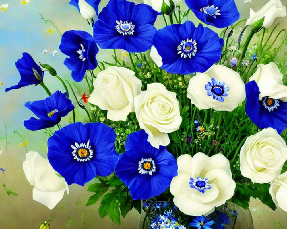 Blue Anemones and White Roses Bouquet in Nature-inspired Setting