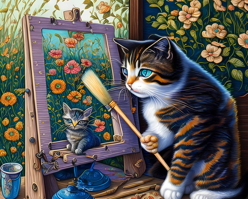 Tabby cat painting self-portrait as kitten in floral setting