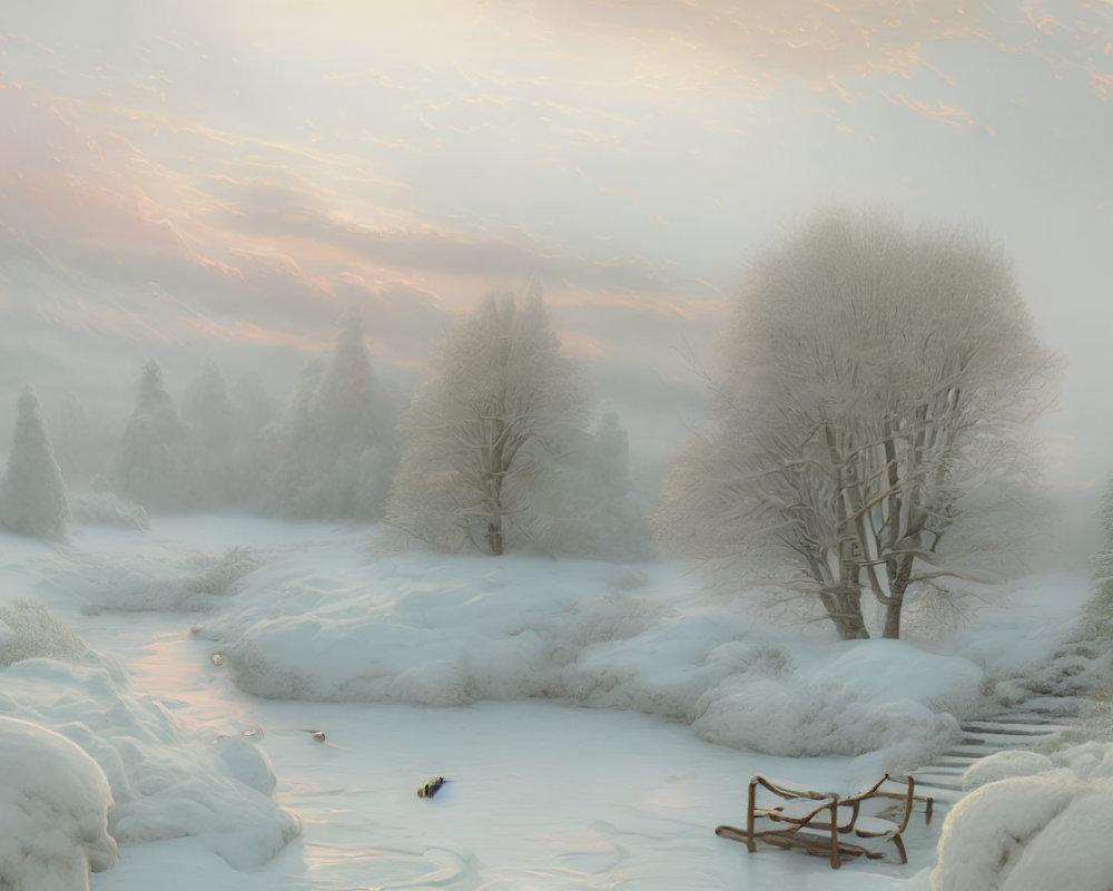 Snow-covered trees, frozen river, sled, duck in serene winter landscape