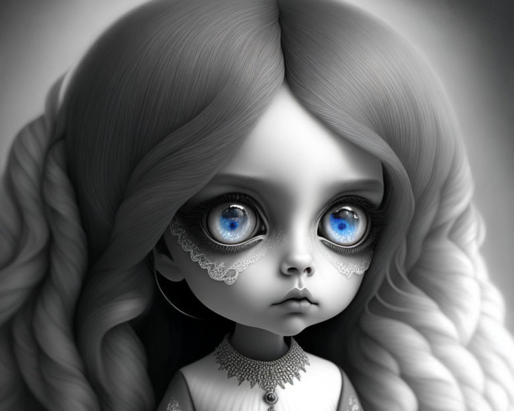 Portrait of doll-like girl with blue eyes, lace mask makeup, and wavy hair in monochrome