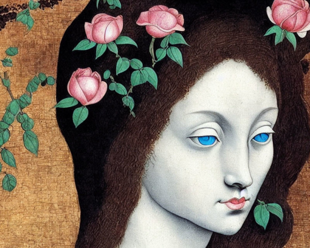 Portrait of a pale-skinned female figure with dark hair, light blue eyes, pink roses, and