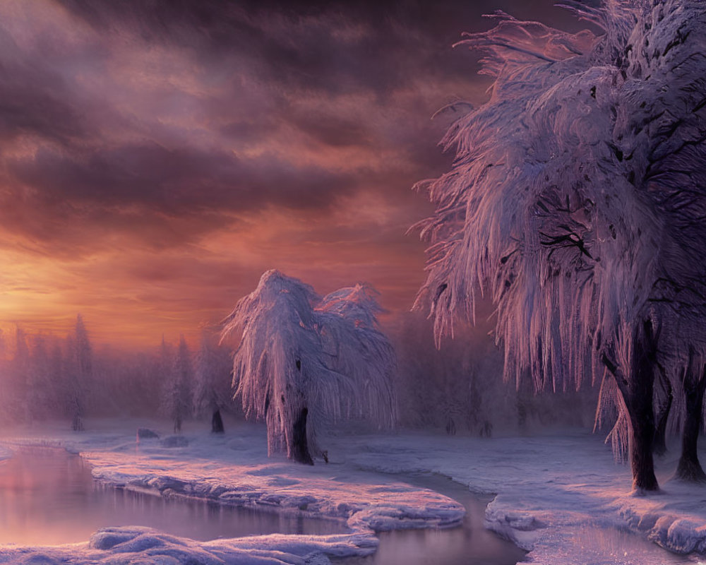 Snow-covered trees in serene winter sunset landscape.