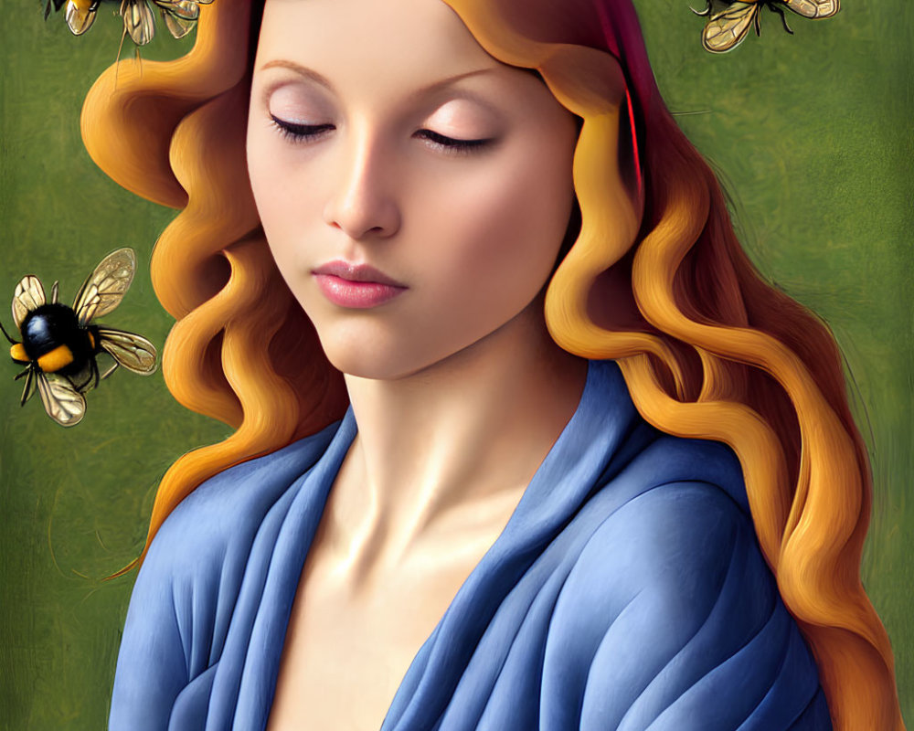 Stylized portrait of woman with closed eyes, blonde hair, red ribbon, blue garment, and